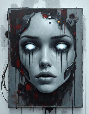 The primary subject of the image is a woman's face with a mix of red and blue colors. The setting is a painting or drawing, and the visual style is artistic. The colors and mood convey a sense of intensity and emotion.